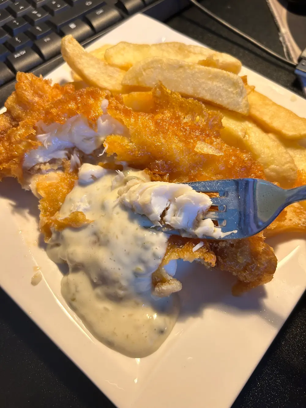 Battered cod and chips with tartare sauce